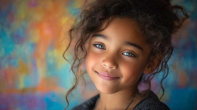 Retrato de ni&ntilde;a ed ojos claros sonriente con fondo colorido y mirada tierna