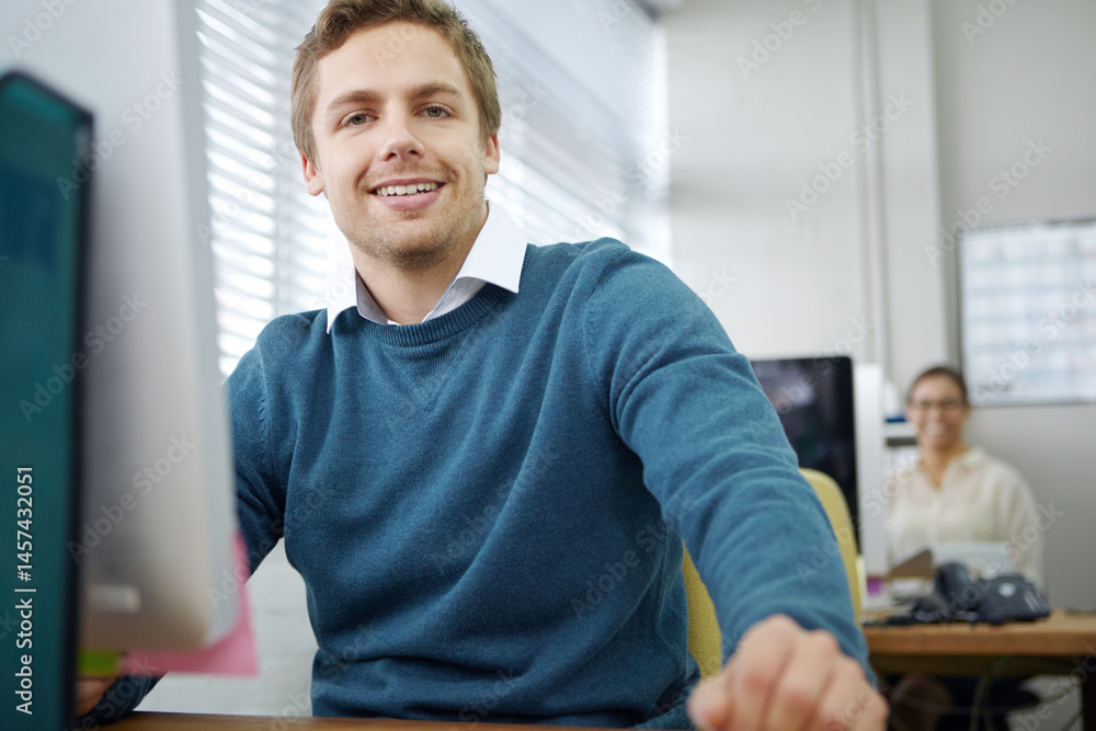 Aufkleber Computer, portrait and creative business man online for software development at startup. Developer, face and happy professional on project for information technology, coding or programming website