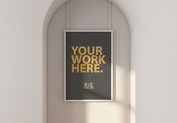 Vertical poster Frame Mockup hanging on ropes in arch