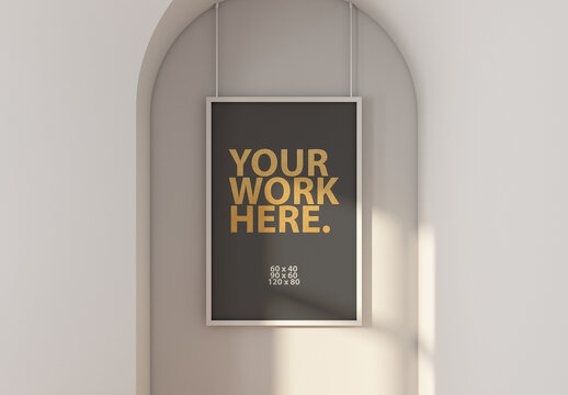 Vertical poster Frame Mockup hanging on ropes in arch