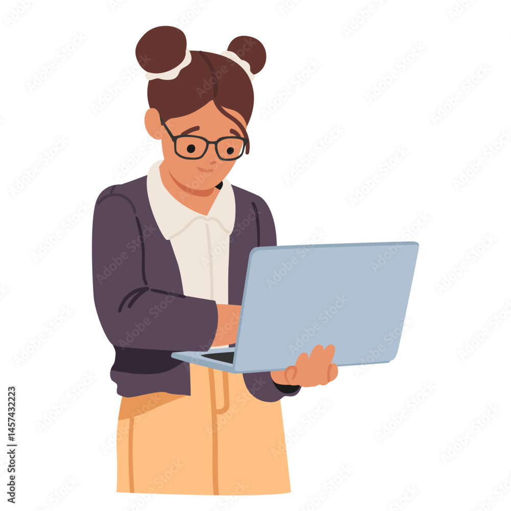 Poster smart nerd girl geek student using laptop computer for studying isolated on white background