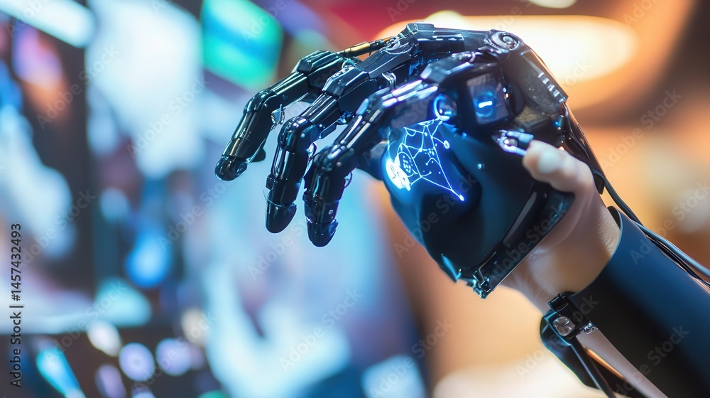 Poster futuristic robotic hand with glowing internal structures.