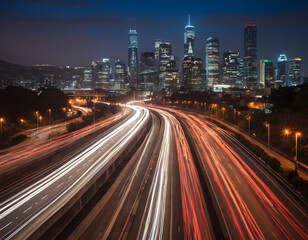 Fototapeta premium The motion blur of a busy urban highway during the evening rush hour. The city skyline serves as the background