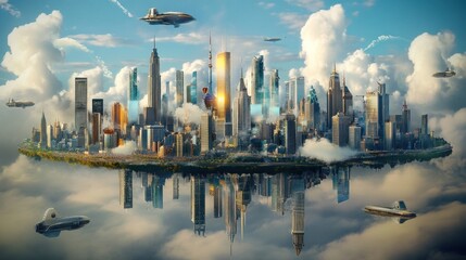 Floating cityscape with futuristic spaceships