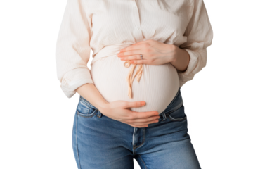 Pregnant woman holding her belly on transparent background