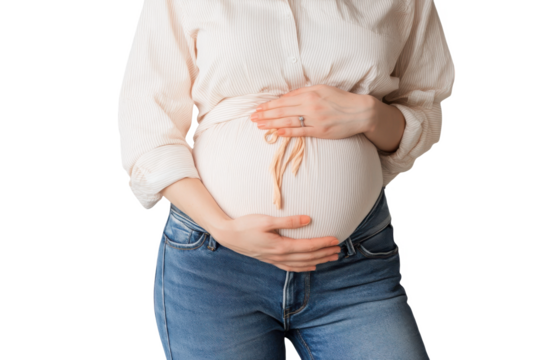 Pregnant woman holding her belly on transparent background