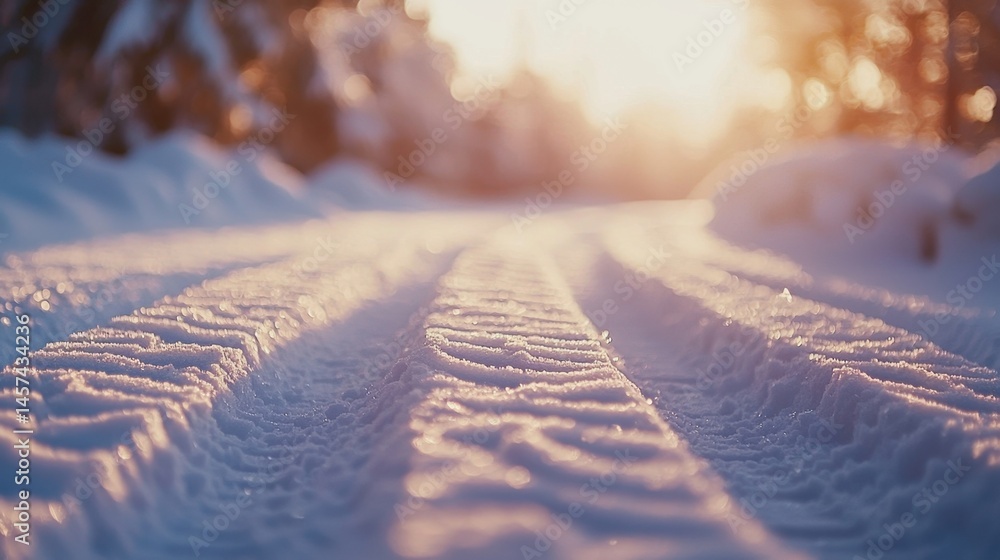 Poster tire tracks create a winding path through fresh snow, illuminated by the soft glow of the sunset. ta