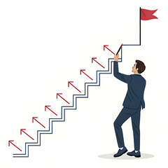 Business success and goal achievement steps. Businessman drawing checkmarks on virtual staircase steps toward achieving goals, ending with red flag as success marker. Planning, progress, goal setting