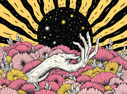 Surreal Hand with Bones on Floral Field and Shooting Stars