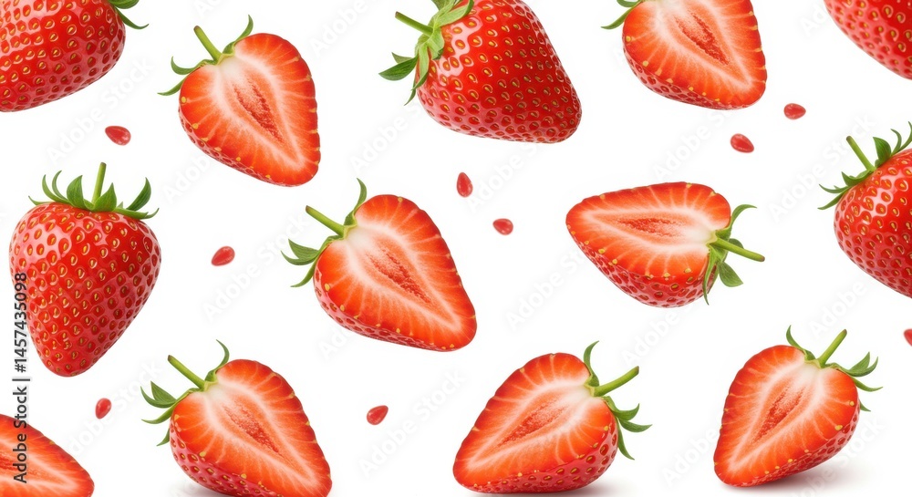 Poster a repeating pattern of whole and halved strawberries with seeds on a white background surface view