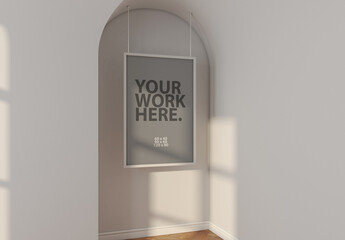 Vertical poster Frame Mockup hanging on metal ropes in arch