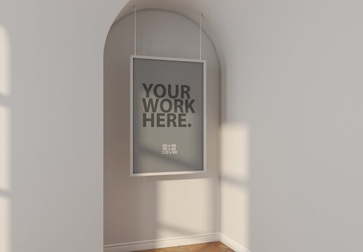 Vertical poster Frame Mockup hanging on metal ropes in arch