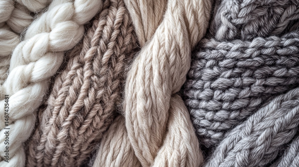 Poster a close-up view reveals an array of textured yarns in neutral tones, highlighting intricate knitting