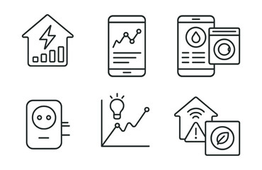 Line style icons of smart home monitoring: energy dashboard, usage tracking screen, water meter app, appliance usage log, smart plug icon, light automation chart, sensor alert, eco score panel.
