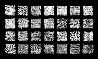 Twenty eight hand drawn doodle backgrounds with various textures. White on black. Vector set