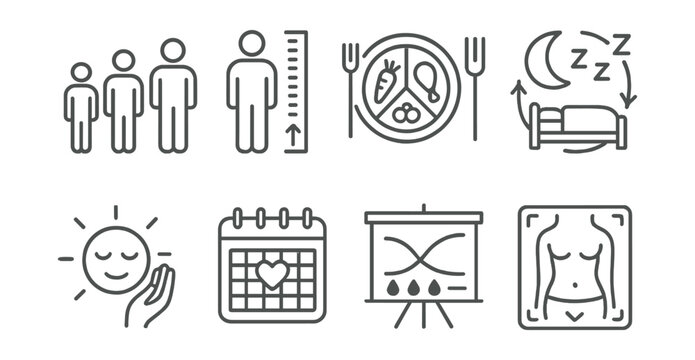 Line style icons of teen preventive care: health check calendar, dental appointment card, vision test chart, vaccine symbol, hand washing icon, sanitary kit, daily hygiene items, health log.