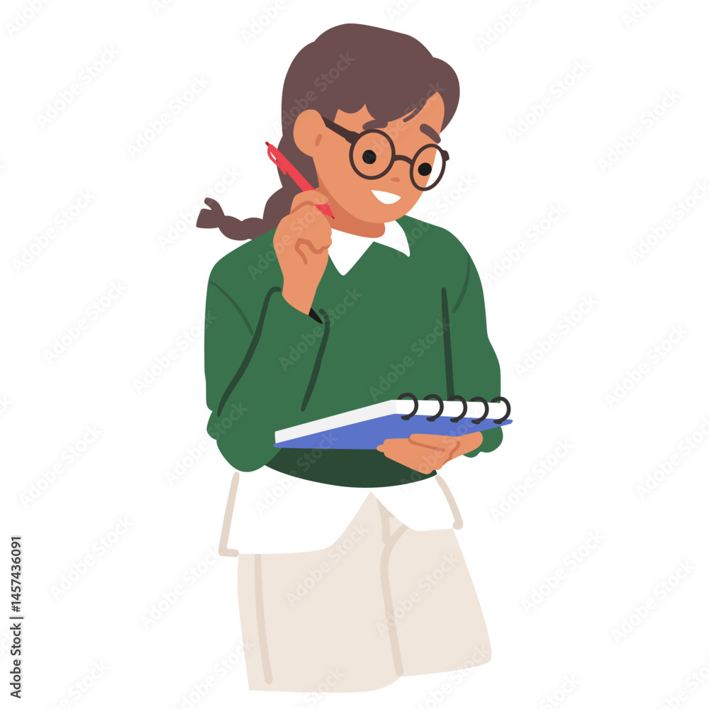 Poster smart kid nerd girl carton geek character writing notes with pen in notebook isolated on white