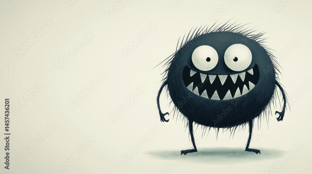 Poster a fluffy, round creature with large expressive eyes and sharp teeth stands confidently. its playful 