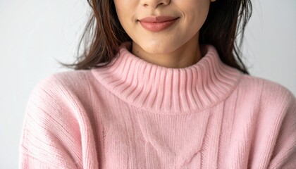 A woman with auburn hair smiles warmly, wearing a cozy, textured knit sweater against a soft pink backdrop, evoking a feeling of comfort and joy.