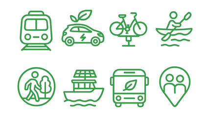 Line style icons of green transportation: train icon, shared electric car, e-bike rental, kayak trip, walking tour badge, solar ferry, carbon-efficient bus, ride-share symbol.