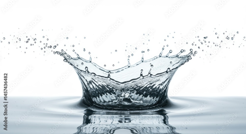 Poster close up of a water splash creating a crown shape with droplets on a white background studio shot