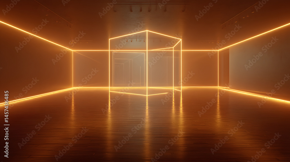 Poster abstract neon cube in a dark room 3d render of glowing lines and reflective floor