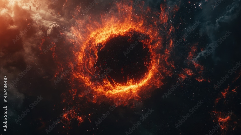 Poster a vivid cosmic vortex ignites with orange flames against a dark backdrop, creating a captivating dis