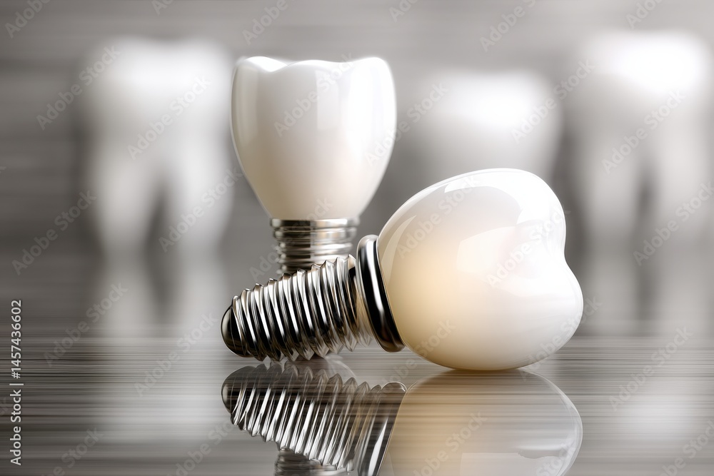 Aufkleber implant tooth on white ceramic surface with reflection and surrounding dental elements in a clean, m