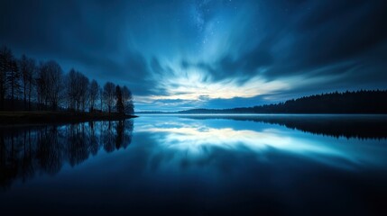At twilight, a tranquil lake mirrors the vibrant blue sky, adorned with soft clouds. Dark silhouettes of trees line the shore, creating a peaceful and serene atmosphere