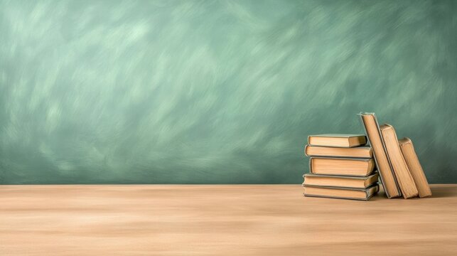 Vintage books on table with green chalkboard