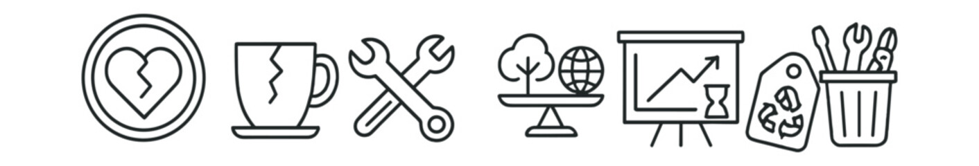 Line style icons of repair vs replace mindset: fix instead of toss badge, cracked object icon, repair symbol, cost comparison chart, environmental impact scale, time vs value board, reuse first label