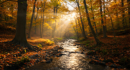 Golden Forest Stream Radiant Autumn Sunlight Scenic Woodland Landscape