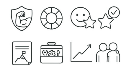 Line style icons of building emotional resilience: inner strength badge, coping strategy wheel, positive affirmation icon, bounce-back tracker, challenge reflection sheet, resilience toolkit,