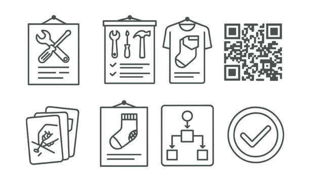 Line style icons of visual communication for repair: poster with fix info, wall chart of common repairs, guide on wall, QR code for tutorial, illustrated step cards, visible mending poster, repair