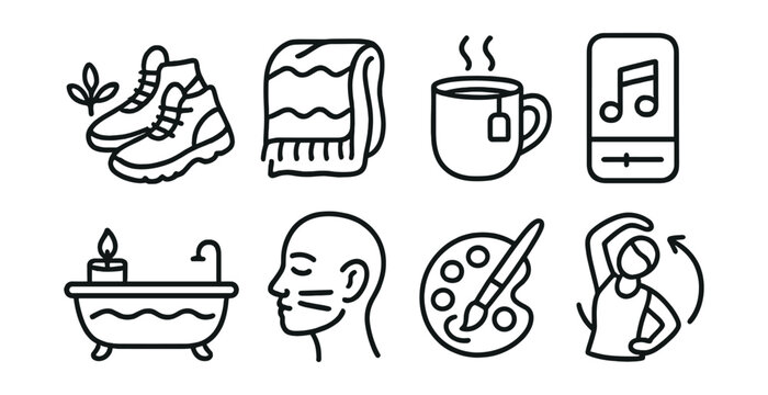 Line style icons of stress relief routines: walk in nature shoes, cozy blanket icon, soothing tea mug, quiet playlist app, bath with candle icon, relax breath card, art time badge, slow movement