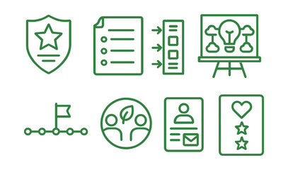 Line style icons of student eco leadership: green captain badge, meeting agenda sheet, action plan poster, idea brainstorm board, initiative timeline icon, shared leadership pin, outreach form, team