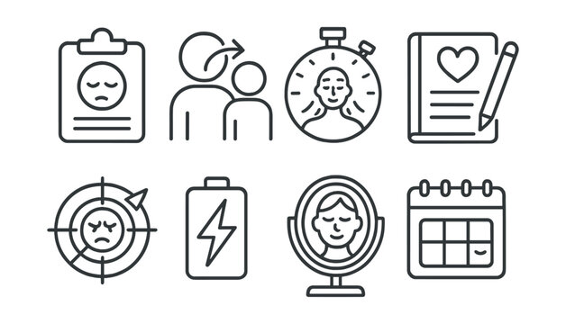 Line style icons of parent emotional awareness: self-check card, regulate before respond icon, deep breath timer, journal for parent, emotion radar sheet, recharge reminder, mirror moment symbol,
