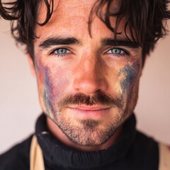 Fototapeta premium artistic portrait of man with paint on face, soft pastel background