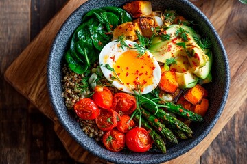 A vibrant bowl filled with colorful vegetables including spinach, cherry tomatoes, asparagus, and sweet potatoes, topped with a soft-boiled egg. The dish showcases healthy eating