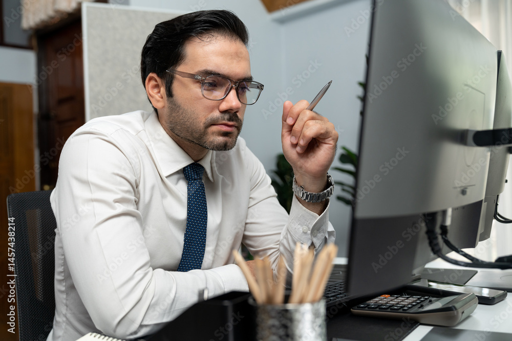 Poster smart trader businessman analyzing in two dynamic stock exchange investment screen on pc with invest