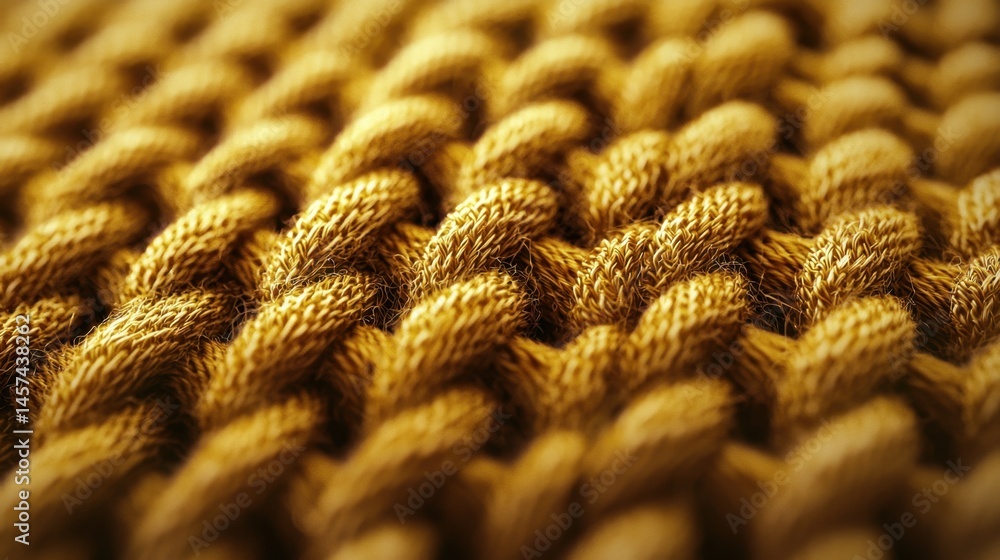 Poster a close-up view of golden yarn creates intricate textures and weaving patterns. soft lighting emphas