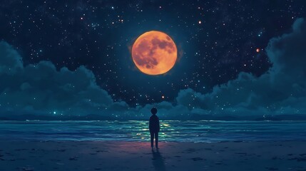 anime peaceful beach night with full moon