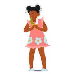 Little girl cartoon character wearing cute dress holding two ice-cream enjoying tasty summer dessert