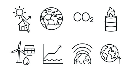 Line style icons of climate basics for youth: greenhouse effect diagram, climate zones map, CO2 molecule icon, fossil fuel icon, renewable energy mix, sea level rise graph, atmosphere layer chart,
