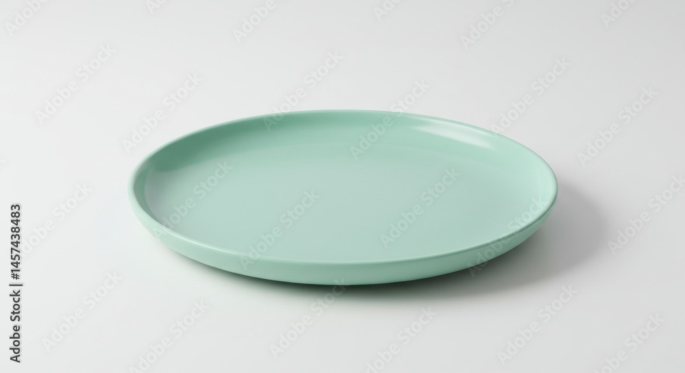 Poster a light green plate sitting on a white surface in a studio setting with soft lighting and shadows