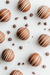Brown round sweets decorated with white cream strips. Small dark crumbs around many candies on a light background. Confectionery products flat lay.