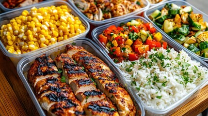 Obraz premium Grilled chicken meal prep with rice and vegetables