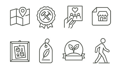 Line style icons of local-first youth habits: nearby shop map, handmade in town label, support local event flyer, small brand highlight icon, friends who make board, regional culture tag, local