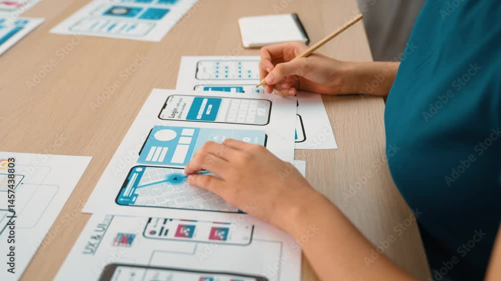 Fototapete Startup company employee planning for user interface prototype for mobile application or website in office with model of program on desk. UX UI designer consider user friendly interface plan. Synergic
