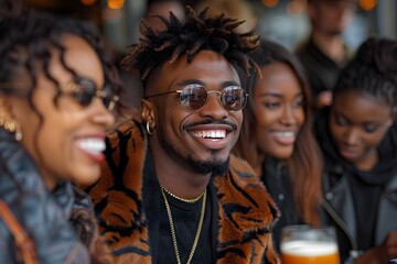 Smiling african american man with friends at restaurant happy hour gathering